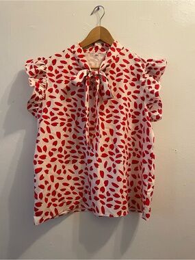 ASOS White Blouse with Red Spot Tie Neck and Ruffle Sleeves